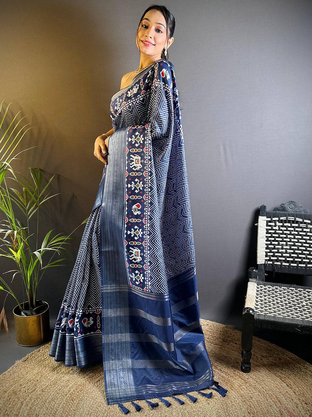 Navy Blue Zig Zag Kalamkari Kanchi Silk Saree by My Store