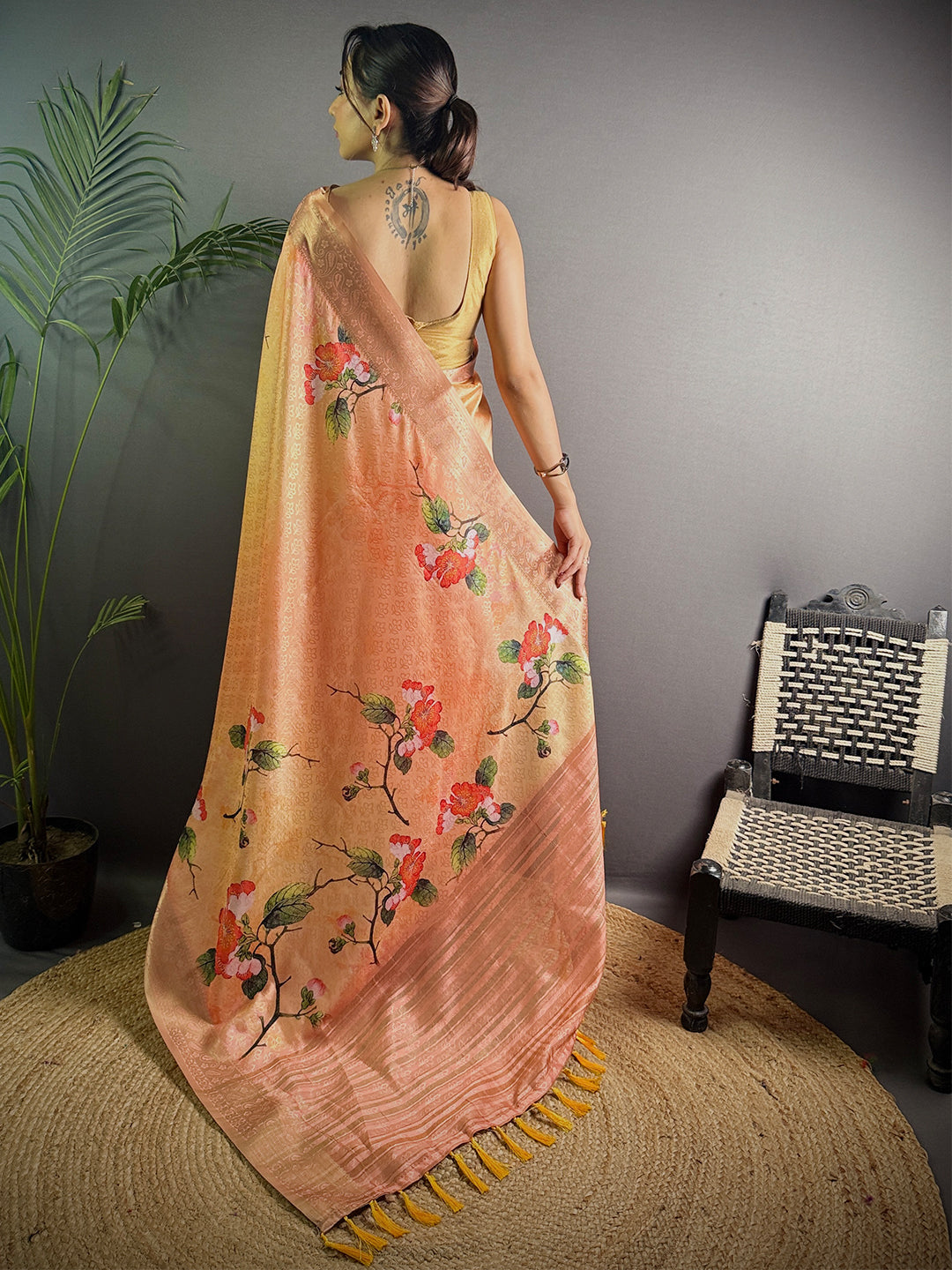 Peach Soft Organza Silk Floral Saree by My Store