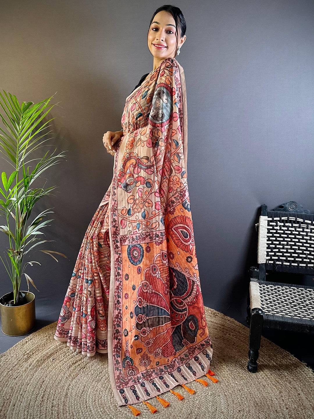 Crayola Peach Kalamkari Saree by My Store