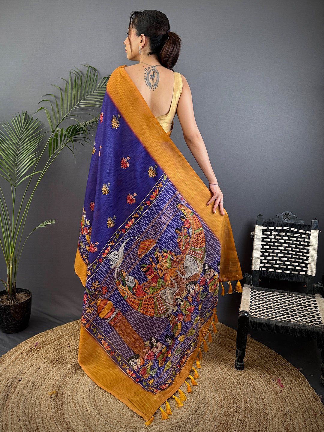 Purple Aari Pashmina Print Linen Saree by My Store