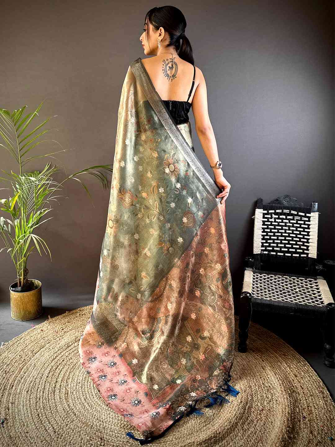 Olive Floral Satin Bentex Border Saree by My Store
