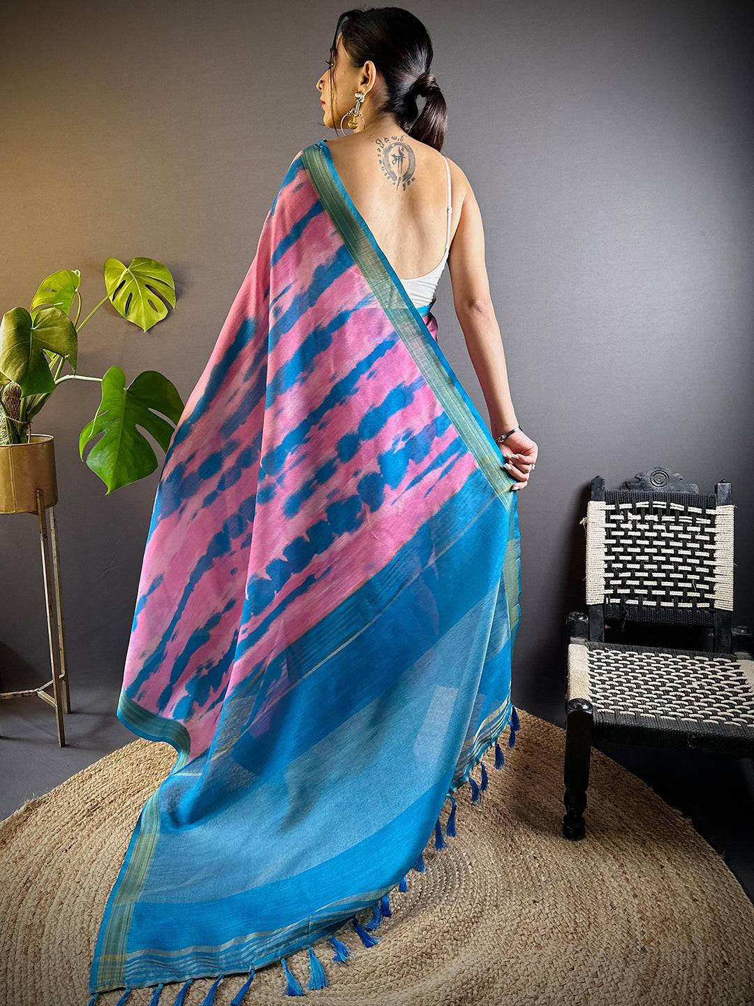 Pink Shibori Print Linen Saree by My Store