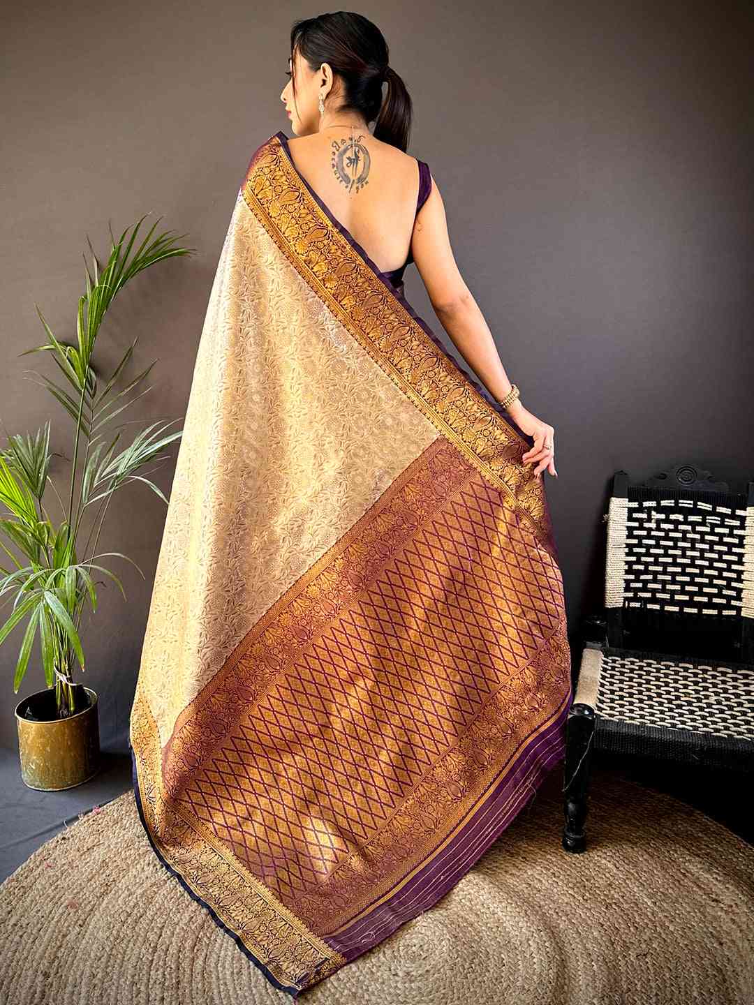 Gold Zari Floral Saree in Black by My Store