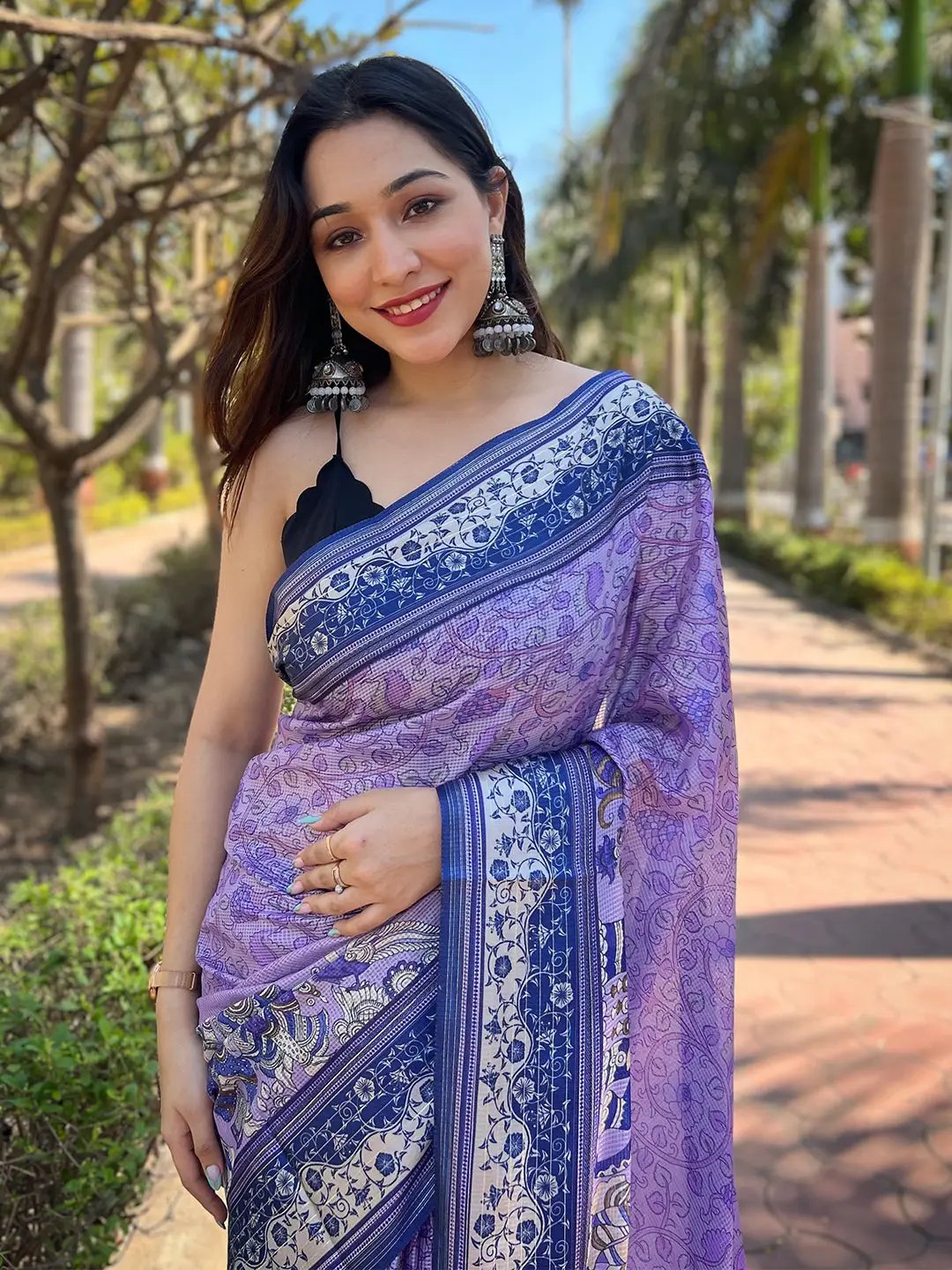 Satin Kota Doria Saree With Kalamkari Digital Print In Purple Colour by My Store