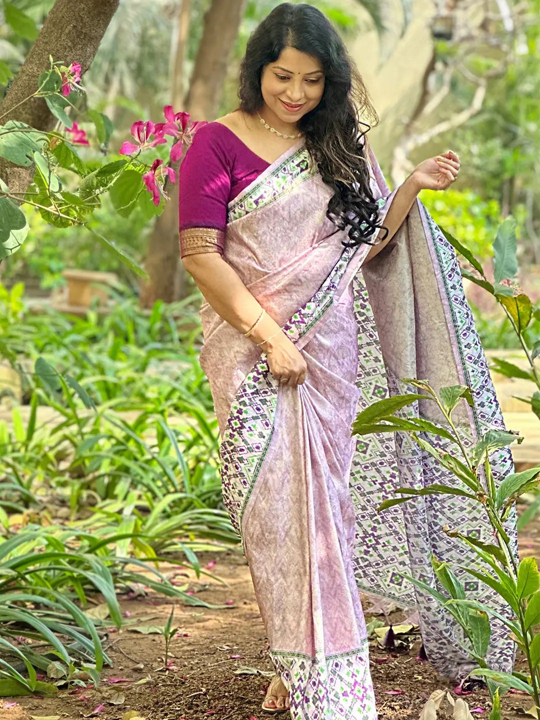 Kanjivaram Weaving Pink Colour Patola Print Saree by My Store