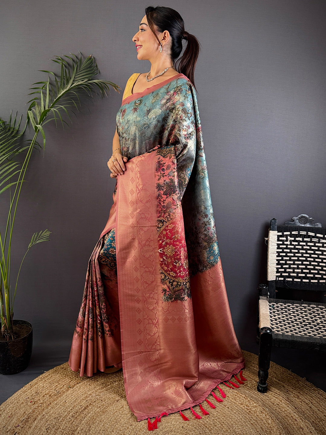 Regal Blue Kanjivaram Silk Digital Print Saree by My Store