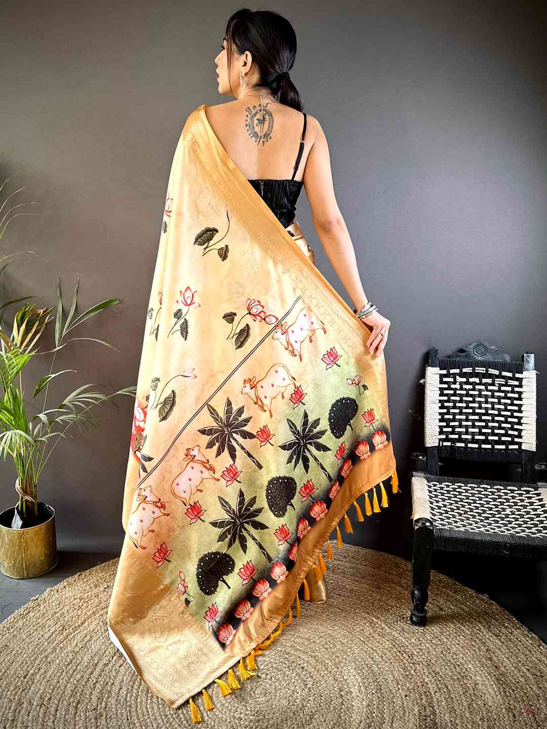 Sunlit Yellow Pichwai Print Soft Silk Saree by My Store