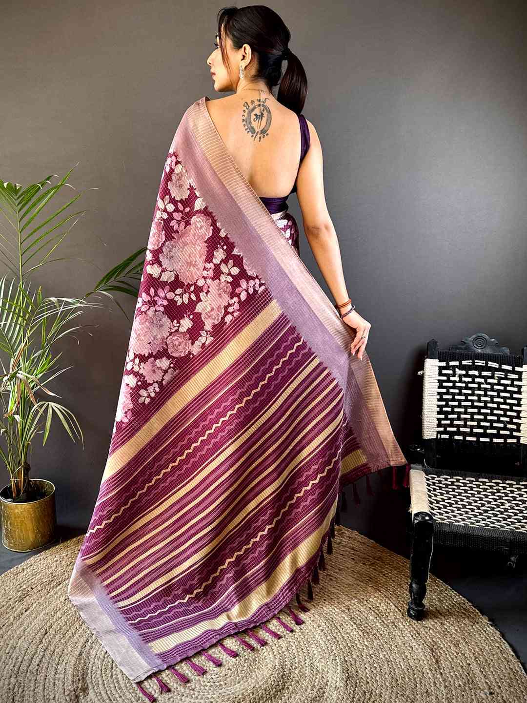 Wine Tussar Chex Floral Saree
