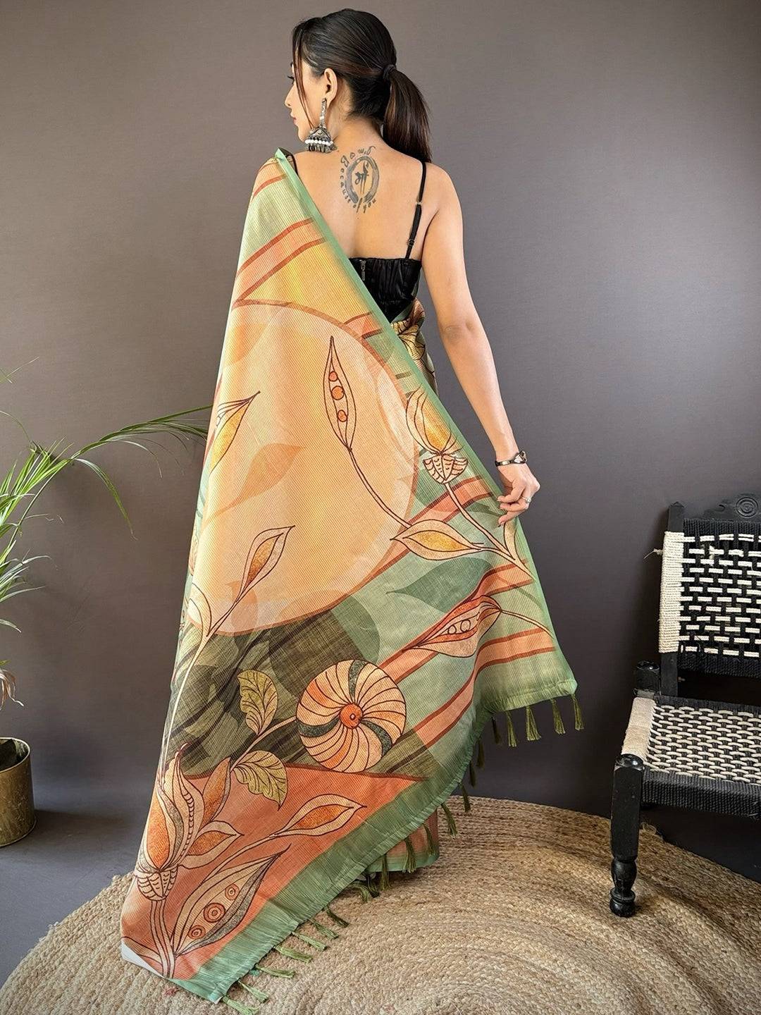 Jade Green Zari Tussar Printed Saree by My Store