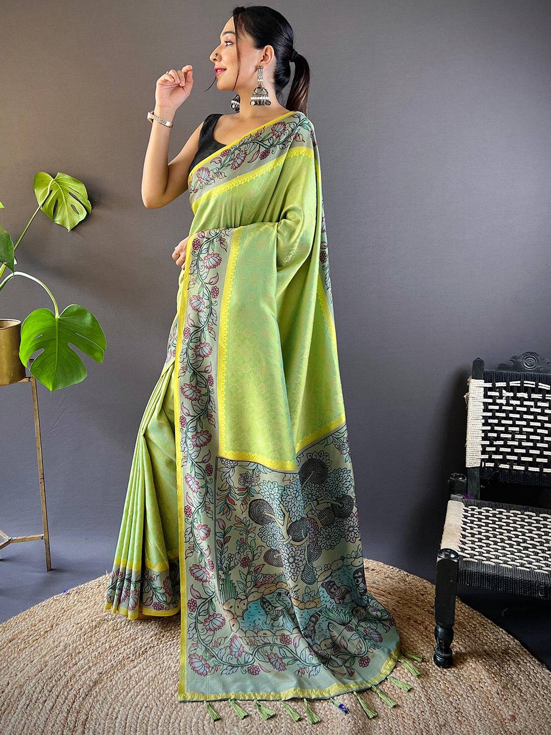 Lime Patola And Kalamkari Fusion Saree by My Store