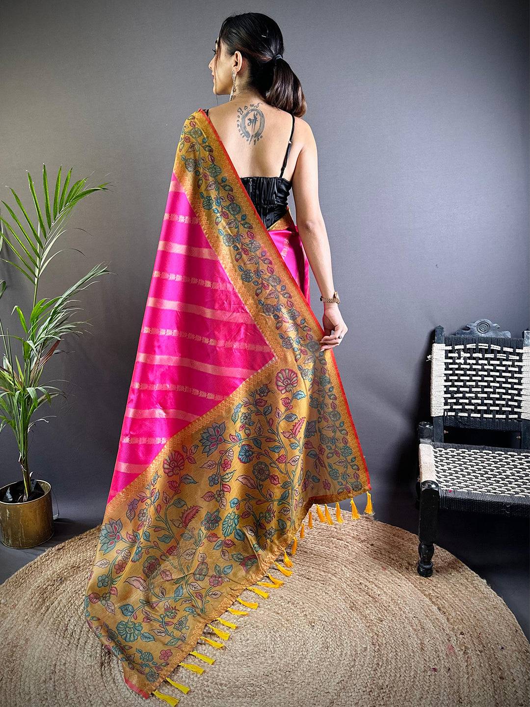 Pink Gold Zari And Kalamkari Print Saree by My Store