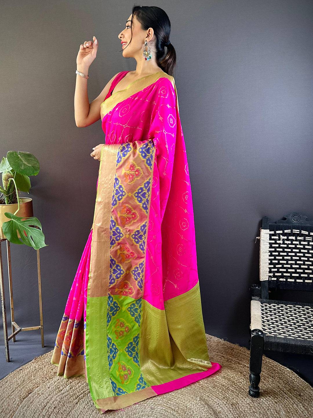 Pink Katan Silk Ikkat Saree by My Store