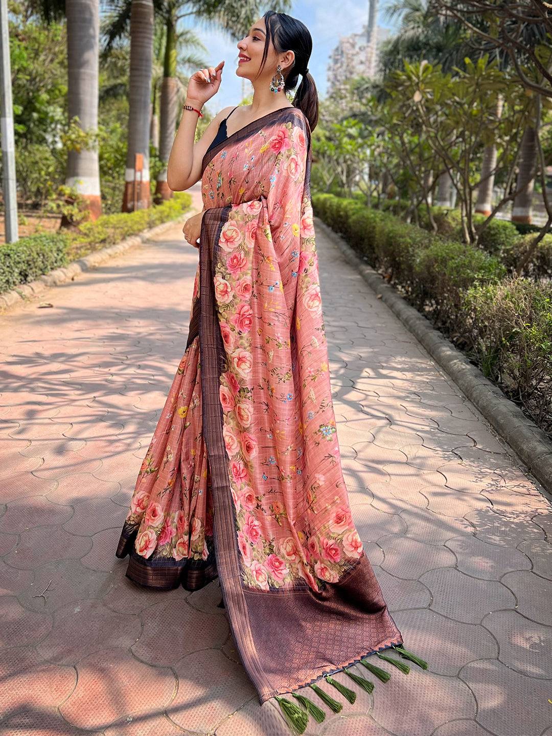 Peach Soft Silk Copper Zari Weaving Digital Floral Saree by My Store