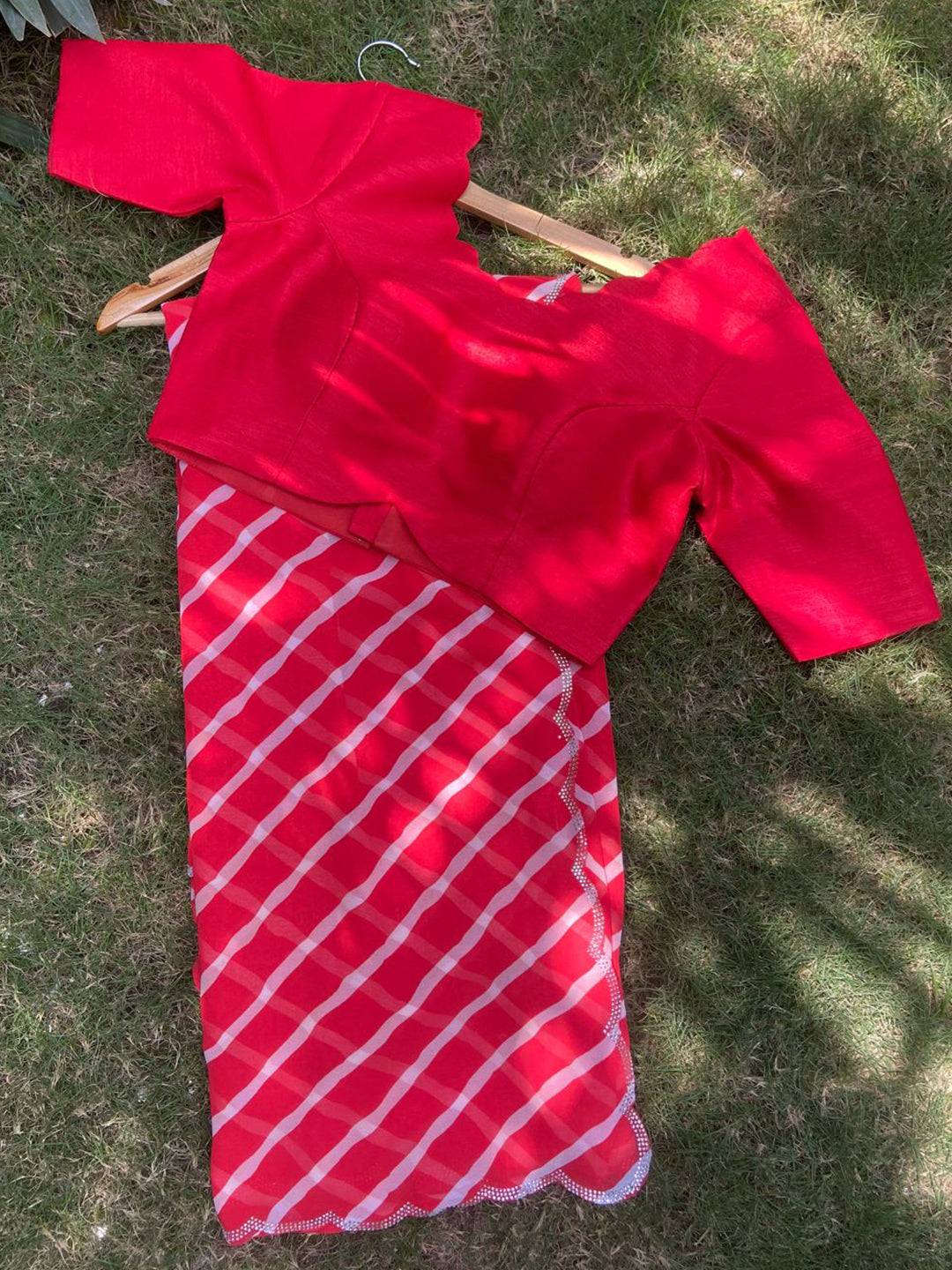 Red Pure Georgette Leheriya Print Swaroski Cut Work Border Saree by My Store