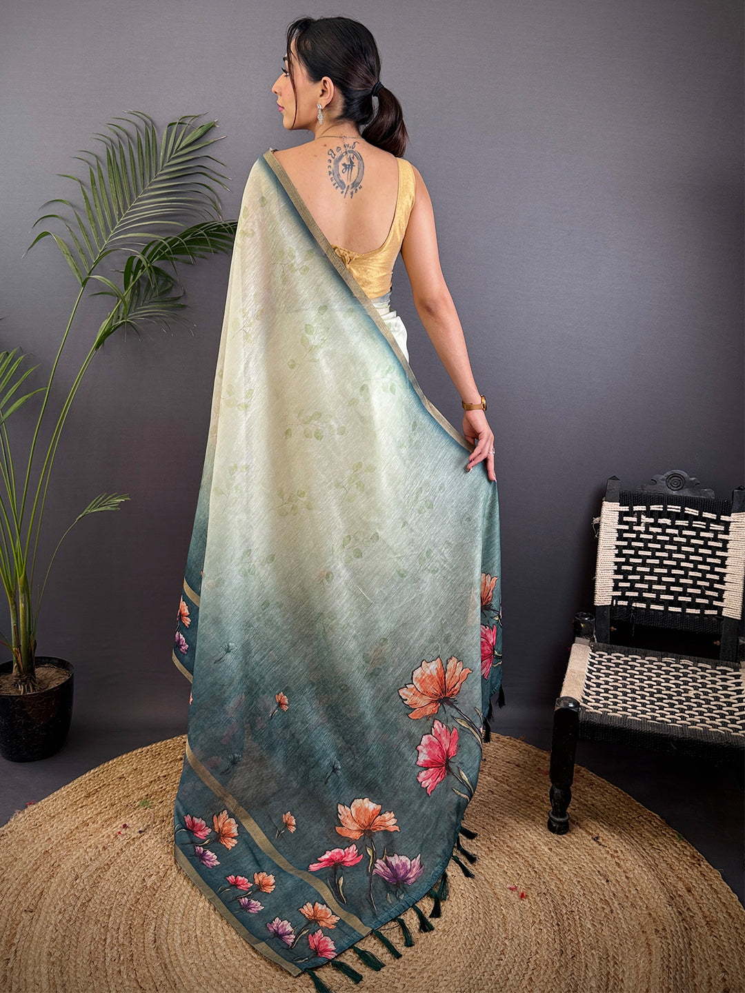 Teal Blue Linen Chanderi Floral Print Saree by My Store