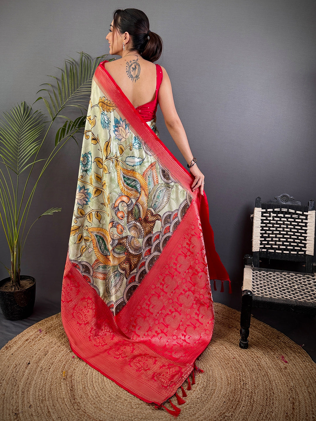 Ivory Kalamkari Printed Soft Satin Saree by My Store