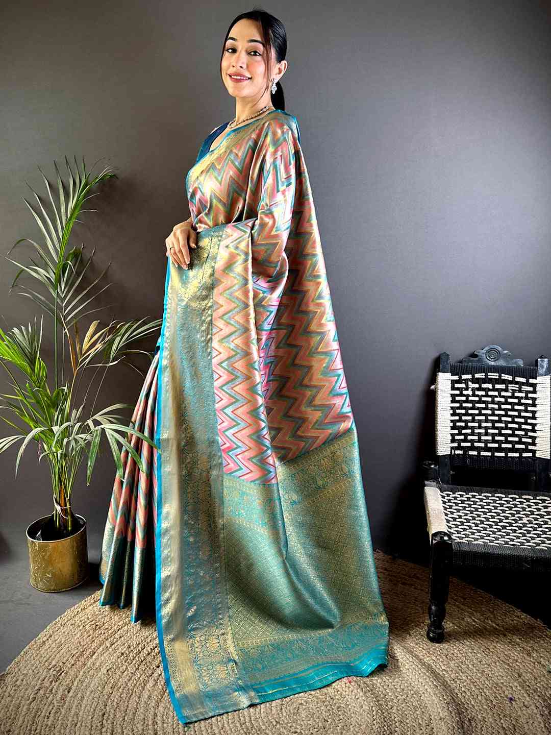 Radiant Rama Zigzag Dharmavaram Silk Saree by My Store