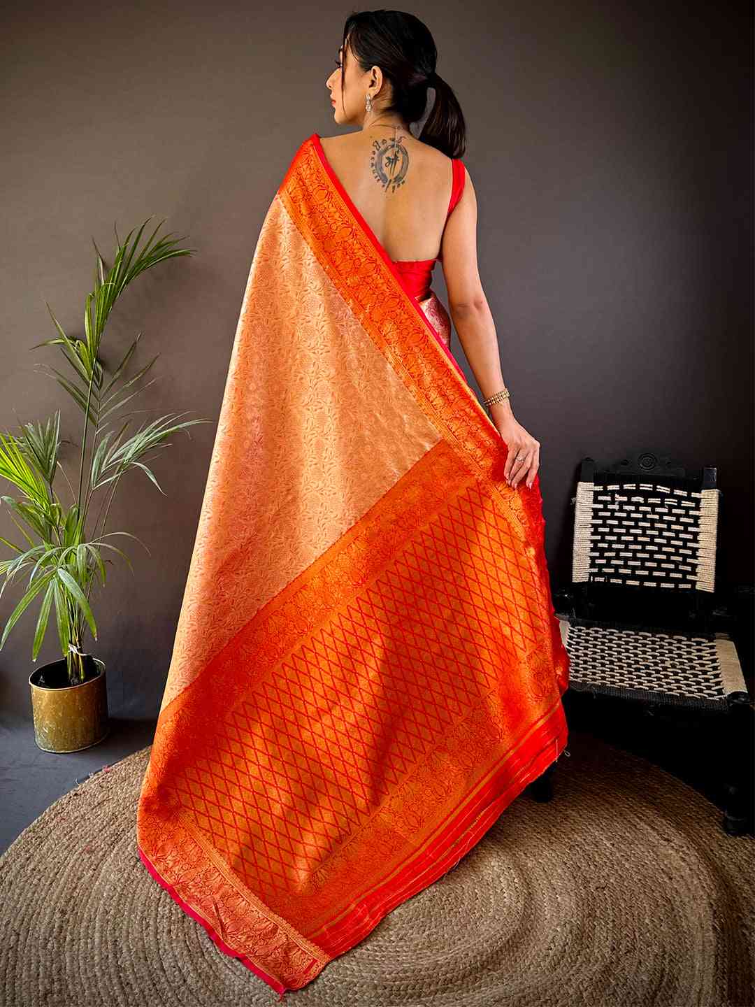 Gold Zari Floral Saree in Red by My Store