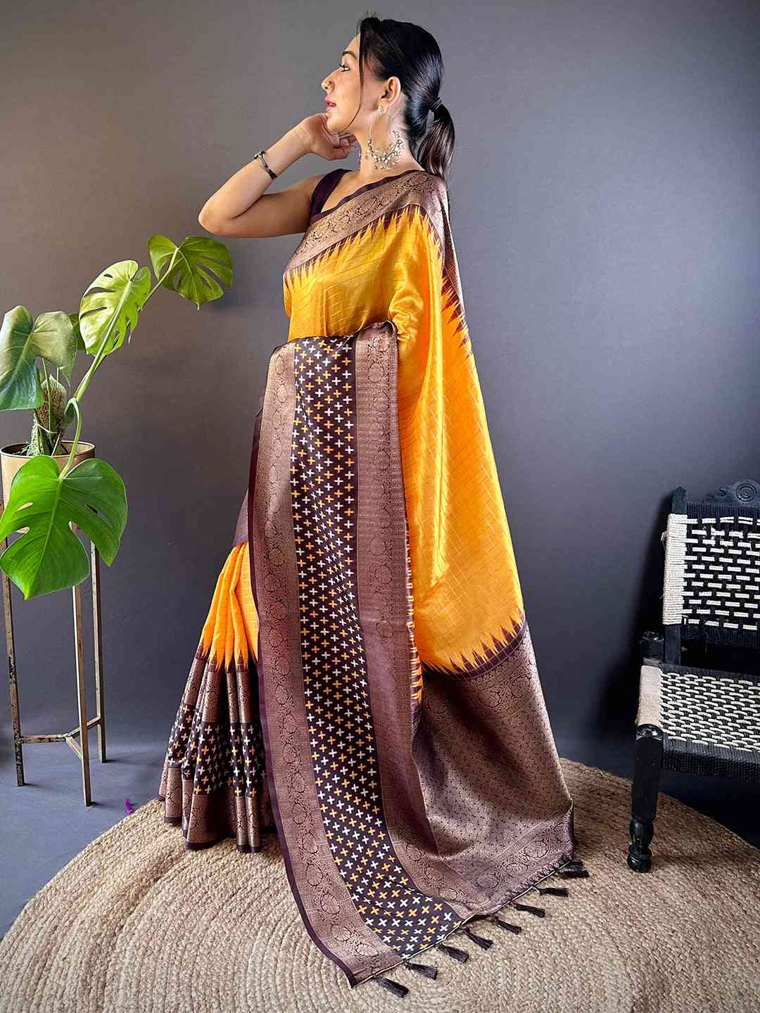 Yellow Chex Ikkat Saree With Double Border