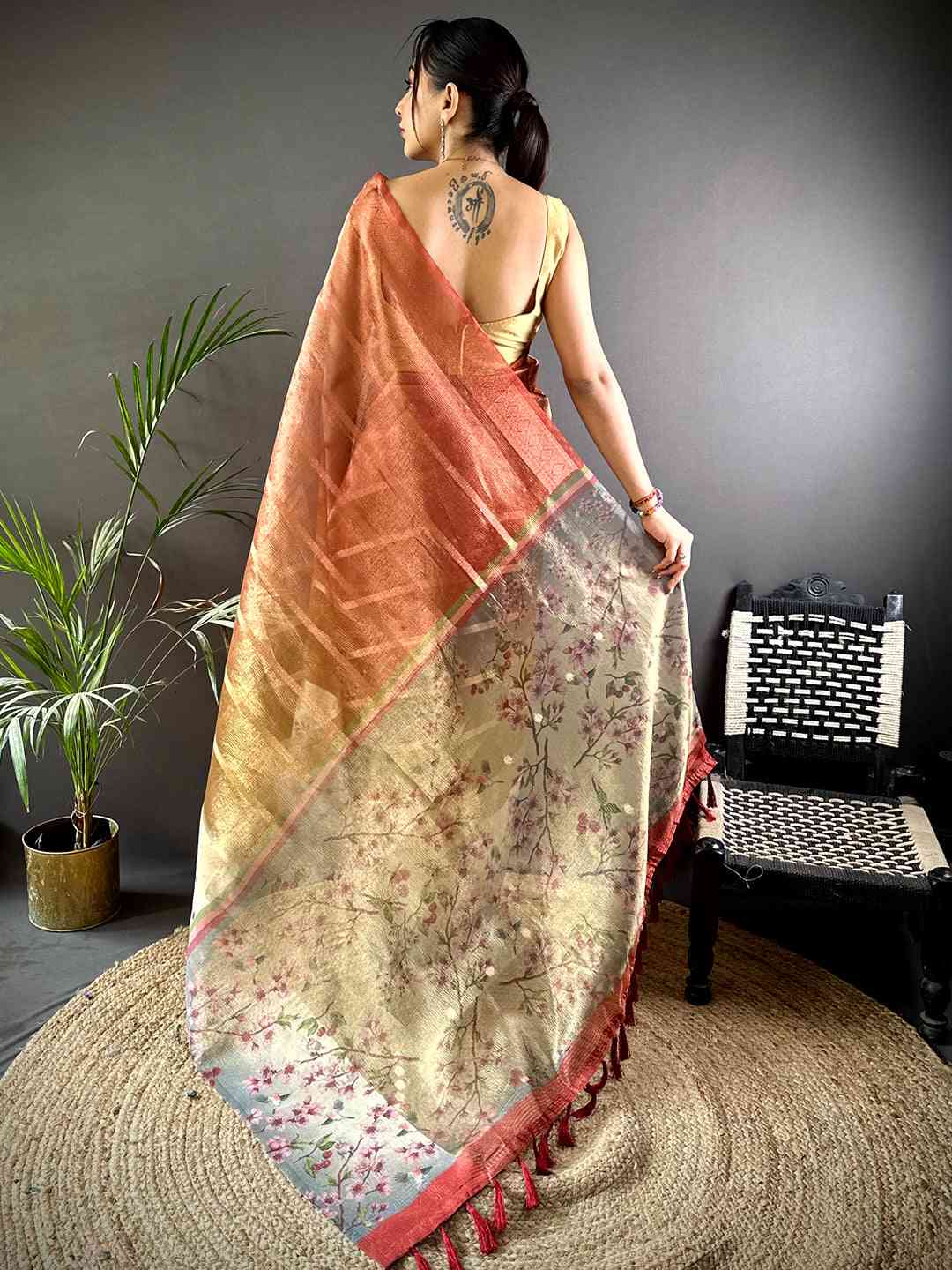 Red Ombre Zari Tissue Digital Print Saree by My Store