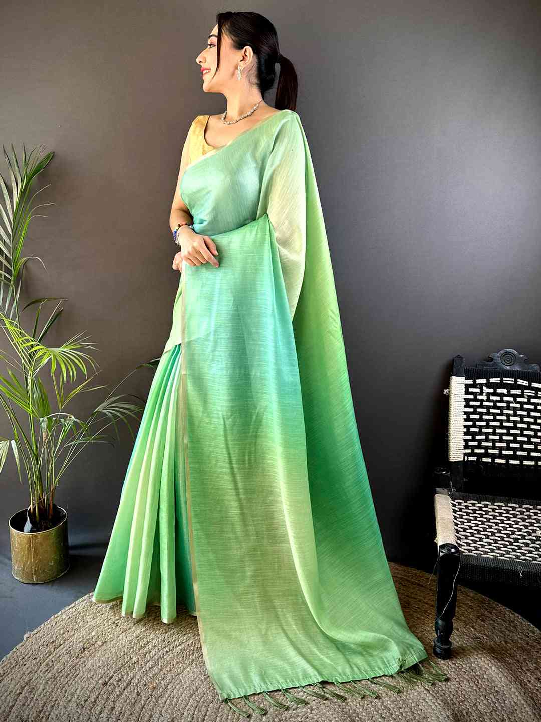 Green Ombre Chanderi Tissue Saree by My Store
