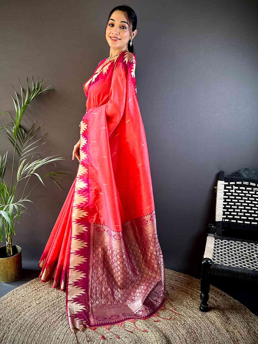 Peach Banarasi Raw Silk Ikkat Saree by My Store