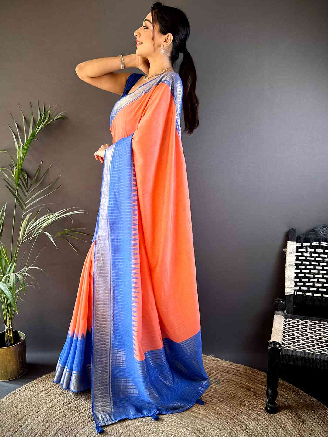 Peach Zari Pallu Cotton Viscose Saree by My Store