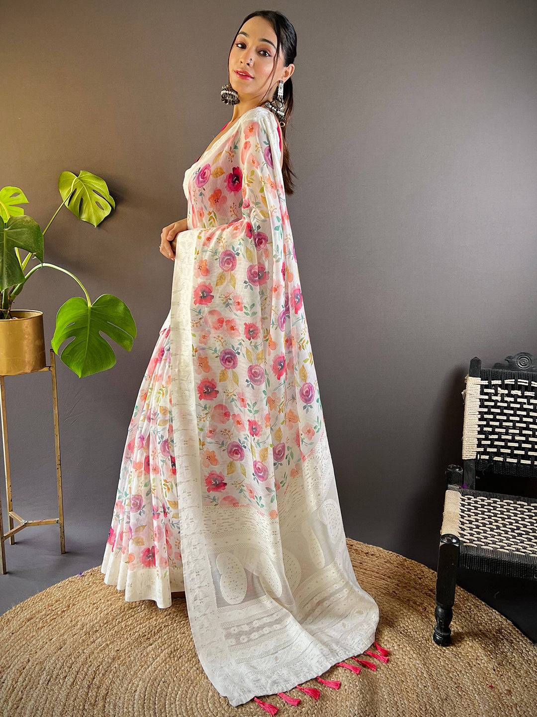 Multicolor Flower Digital Print Saree by My Store