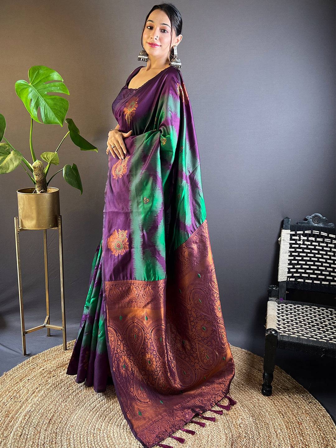 Dark Green Tussar Silk Ikkat Weaving Saree