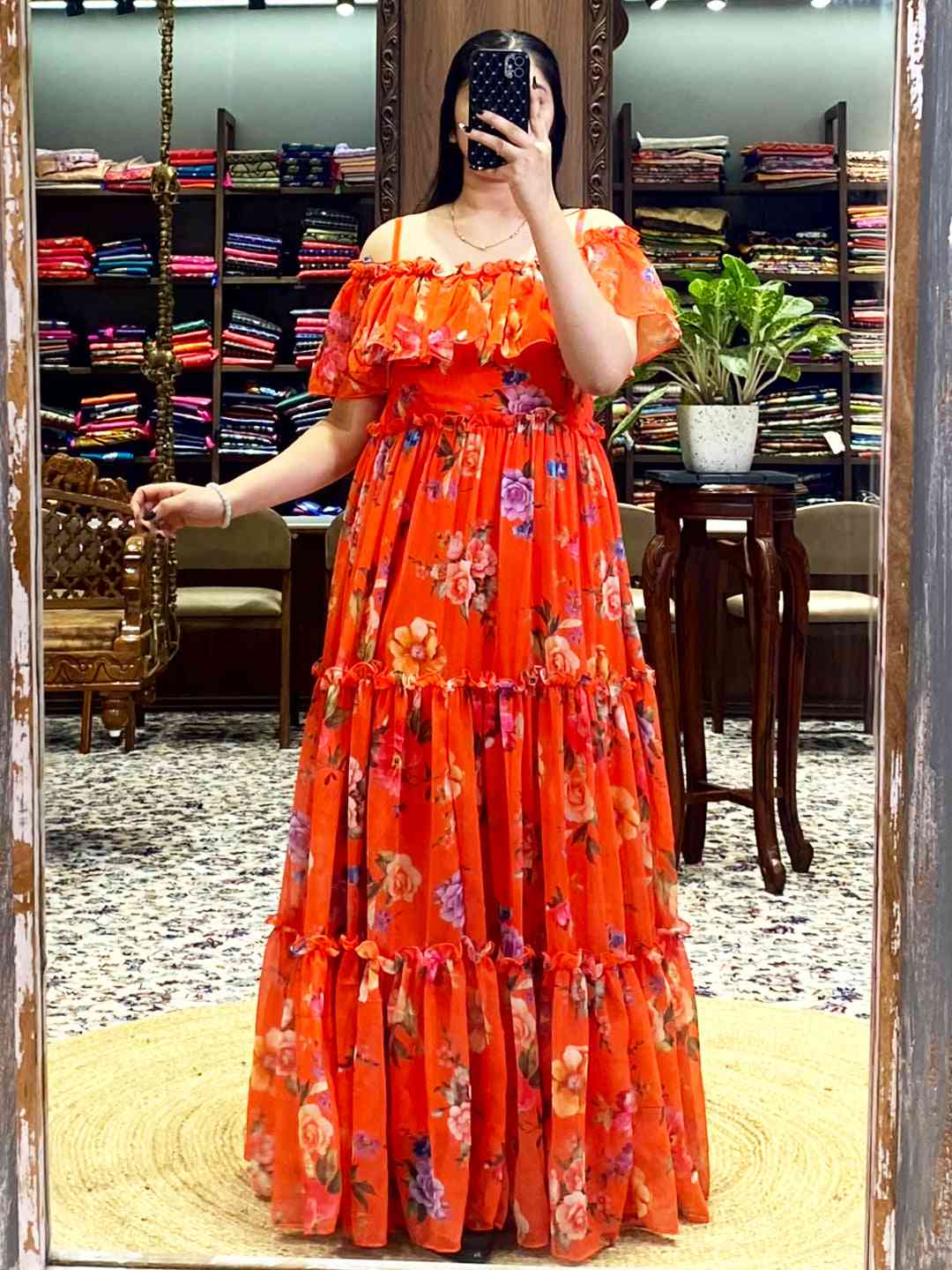 Sunny Orange Georgette Floral Dress by My Store