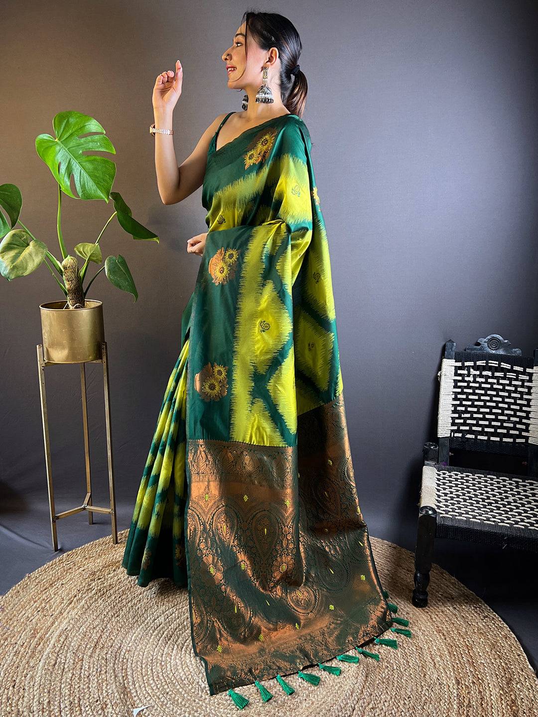 Green Tussar Silk Ikkat Weaving Saree by My Store