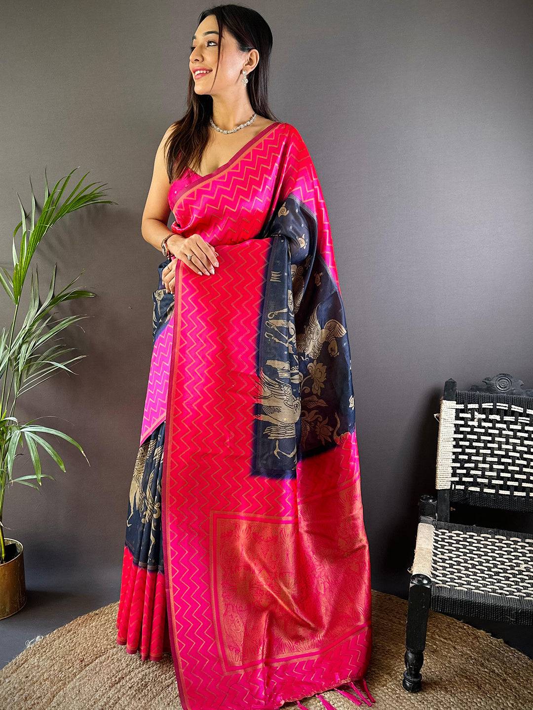 Pink Heritage Weave Kalamkari Soft Silk Saree by My Store
