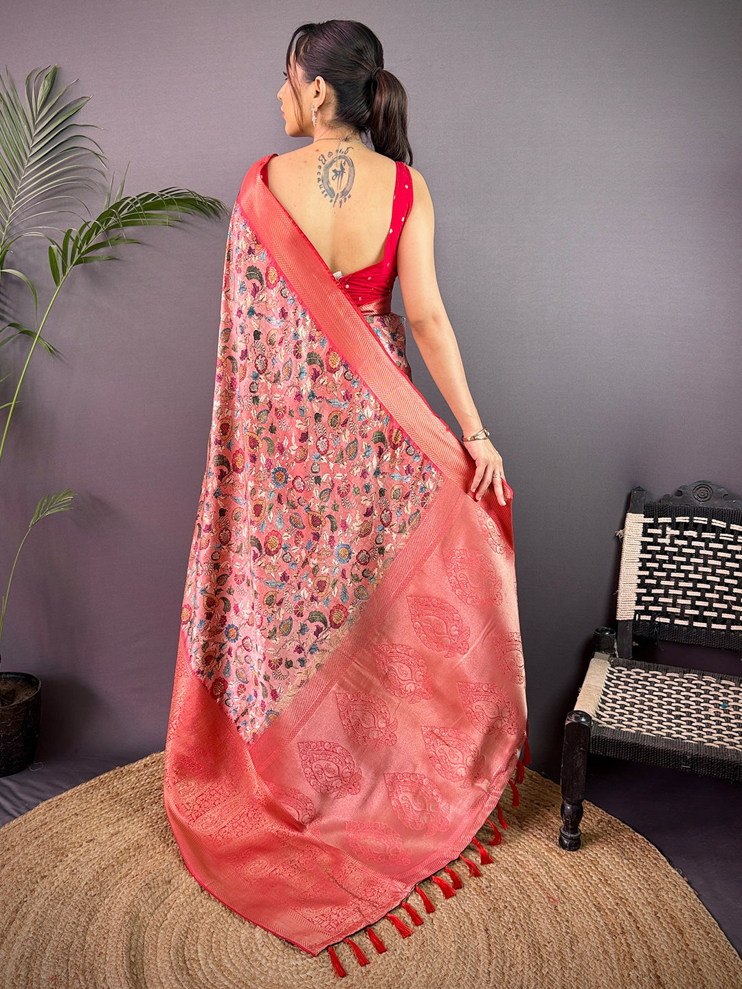 Coral Red Cherry Satin Kalamkari Saree by My Store