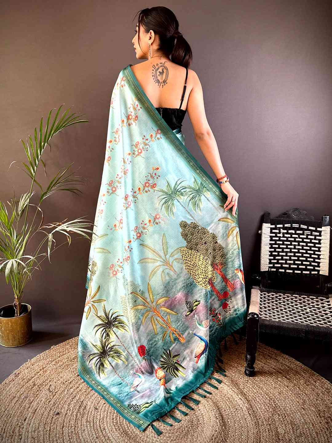 Sky Blue Jungle Printed Silk Saree by My Store