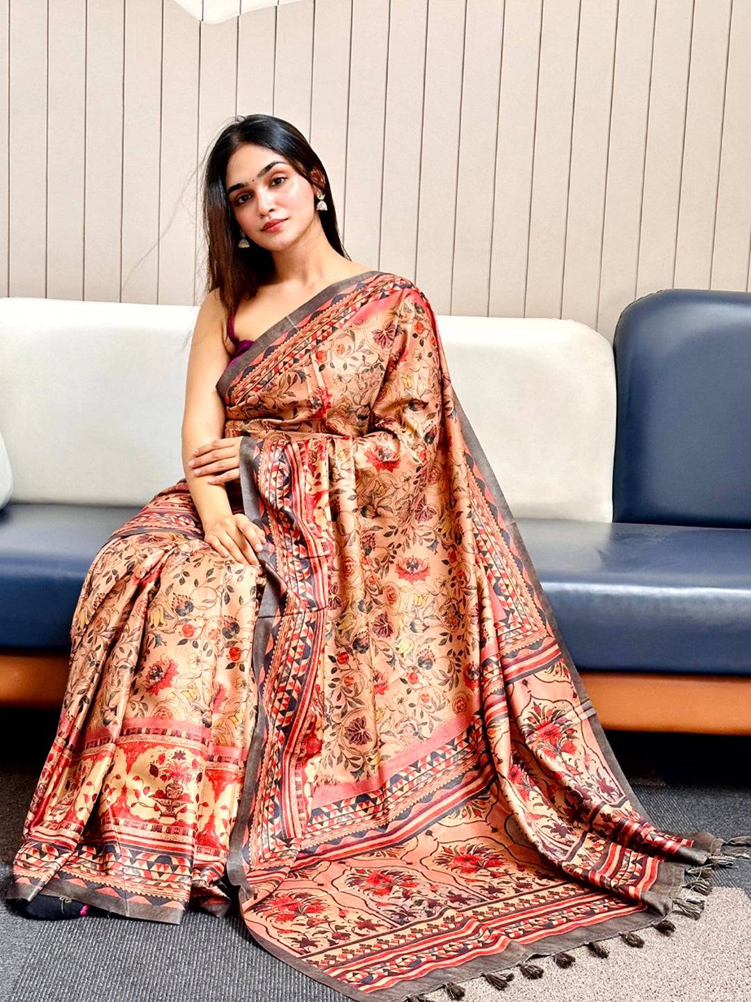 Peachy Pink Tussar Silk Flower Pashmina Print Saree by My Store