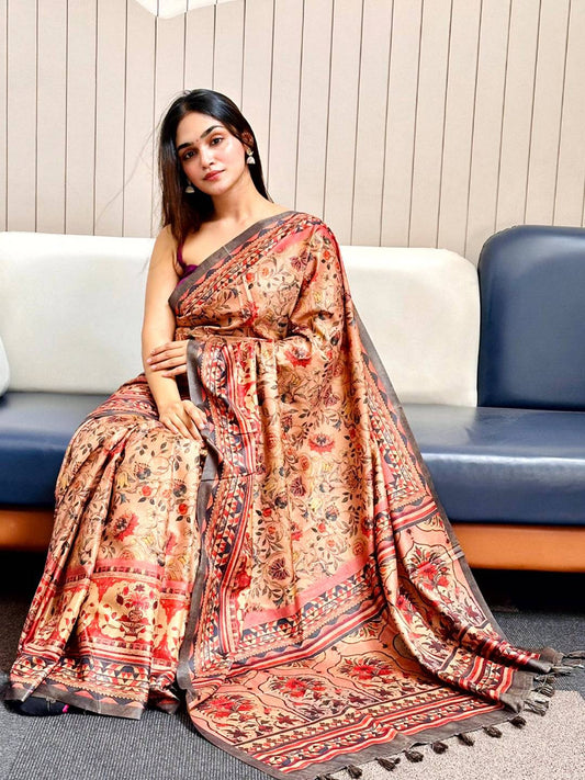 Peachy Pink Tussar Silk Flower Pashmina Print Saree by My Store