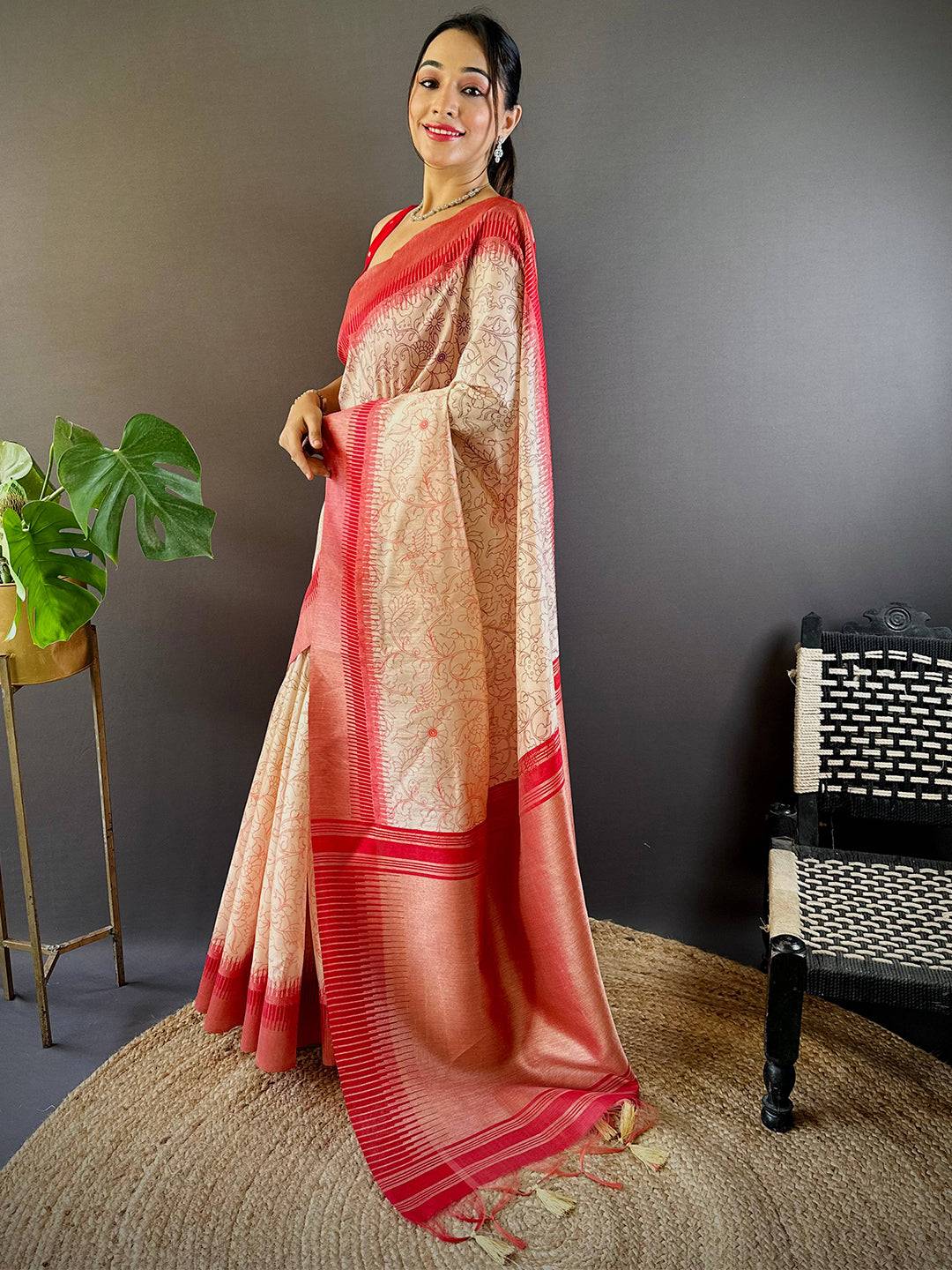 Rust Floral Tussar Silk Saree by My Store