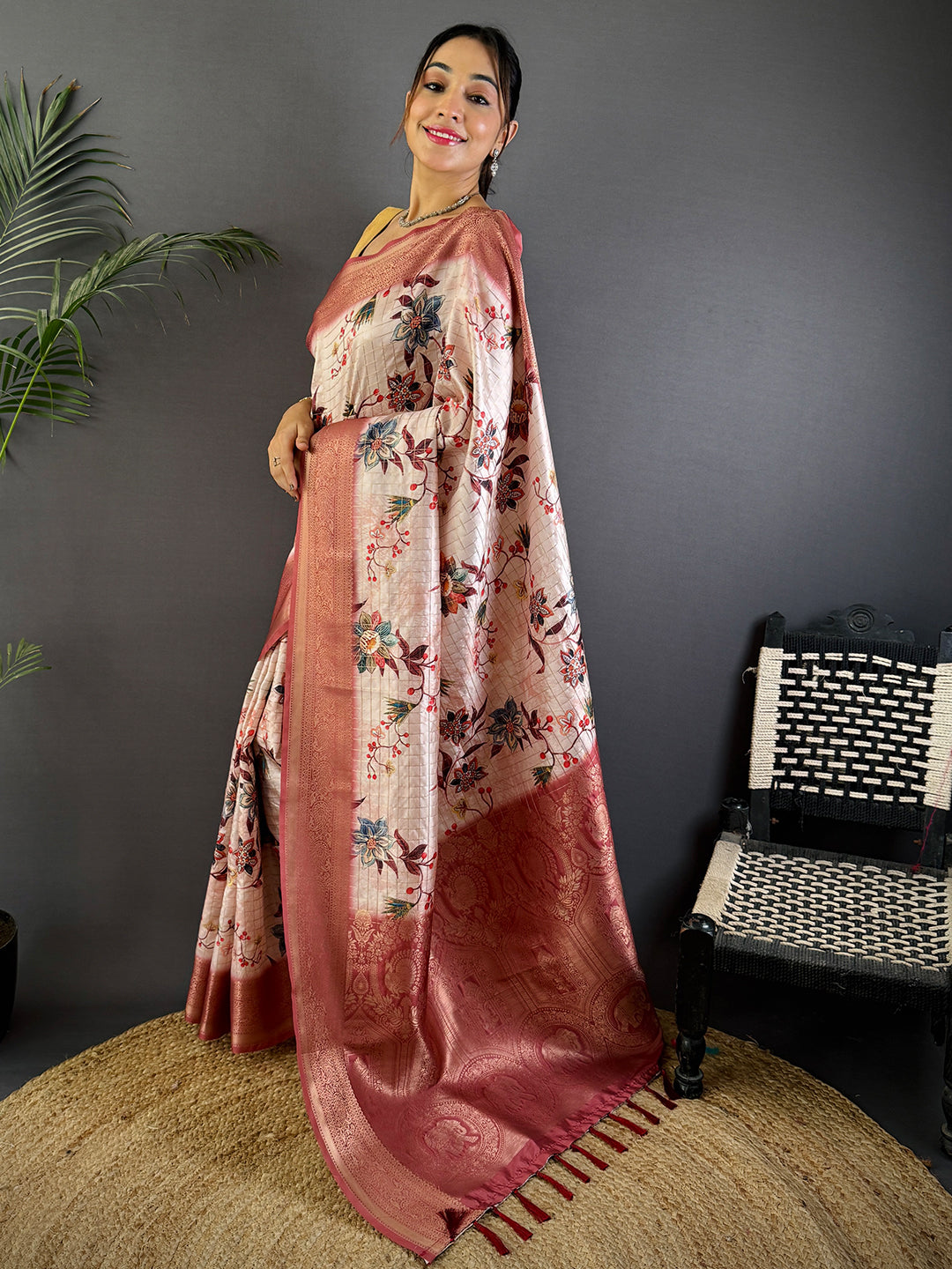 Pink Freehand Design Gadwal Saree by My Store