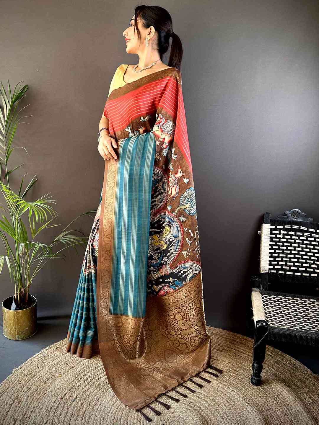 Red Soft Crep Silk Ombre Print Saree by My Store