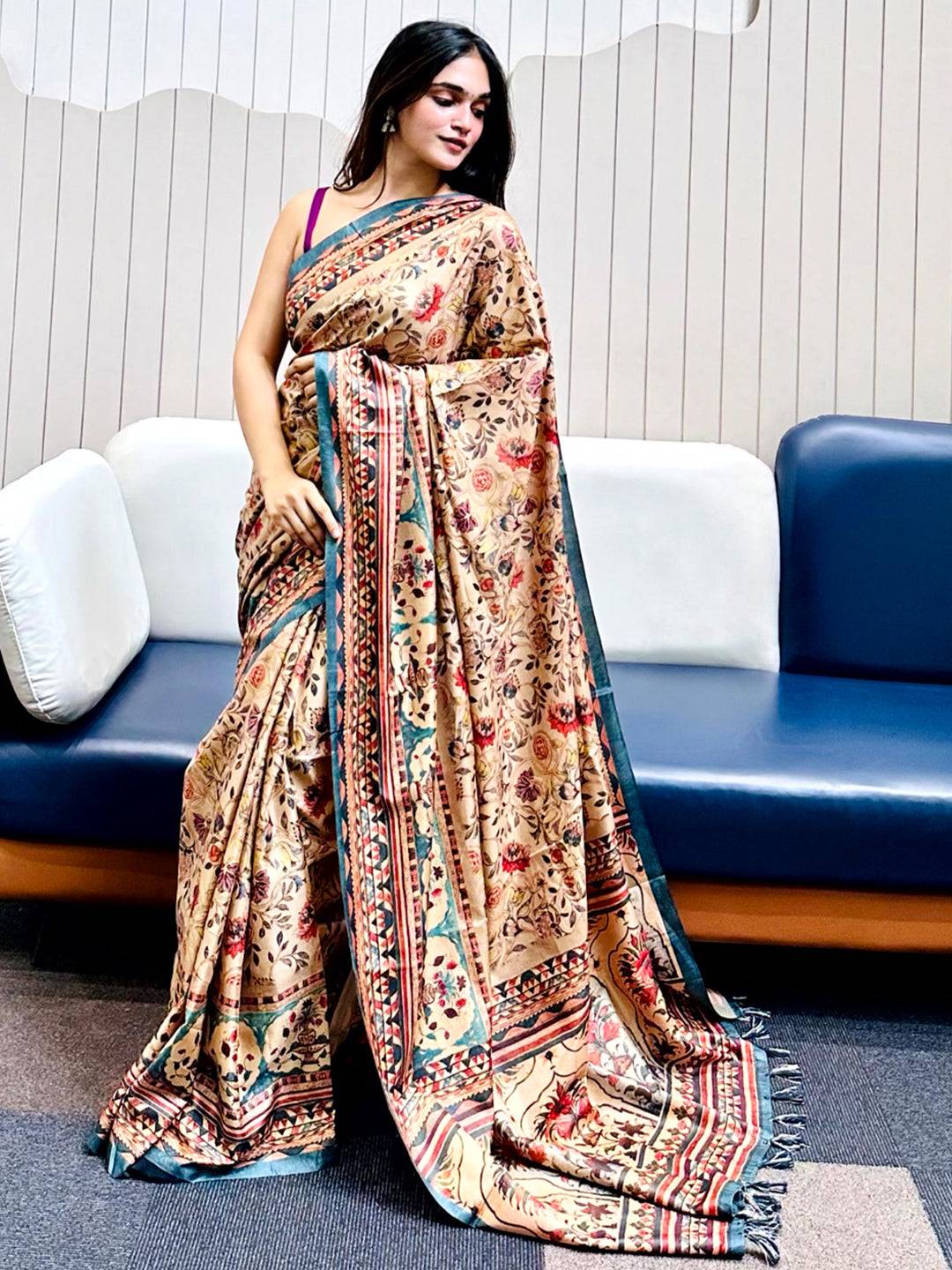 Chiku Tussar Silk Flower Pashmina Print Saree by My Store