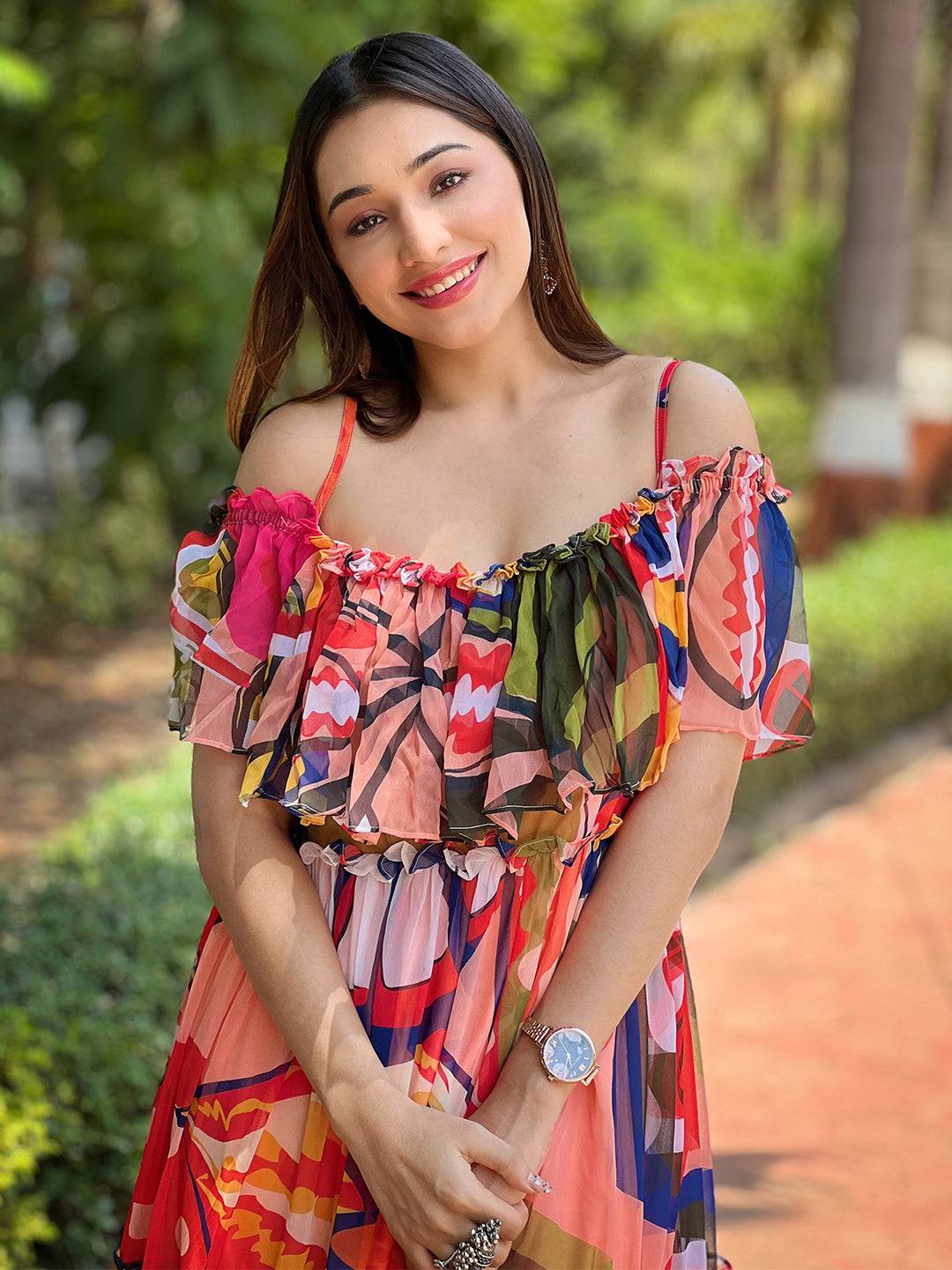 Tropical Printed Off-shoulder Maxi Dress