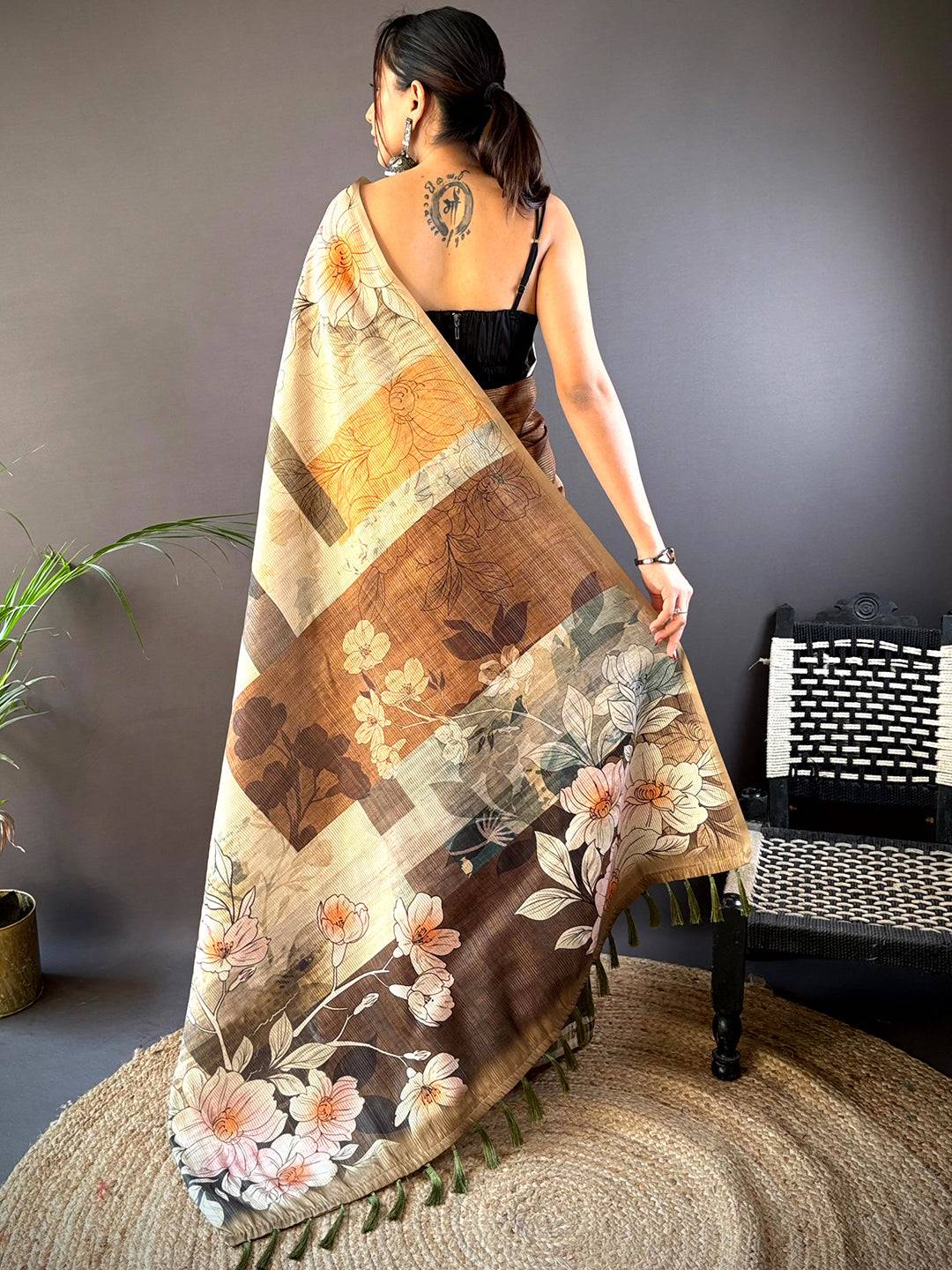 Dark Khaki Semi-Gold Zari Abstract Tussar Saree by My Store
