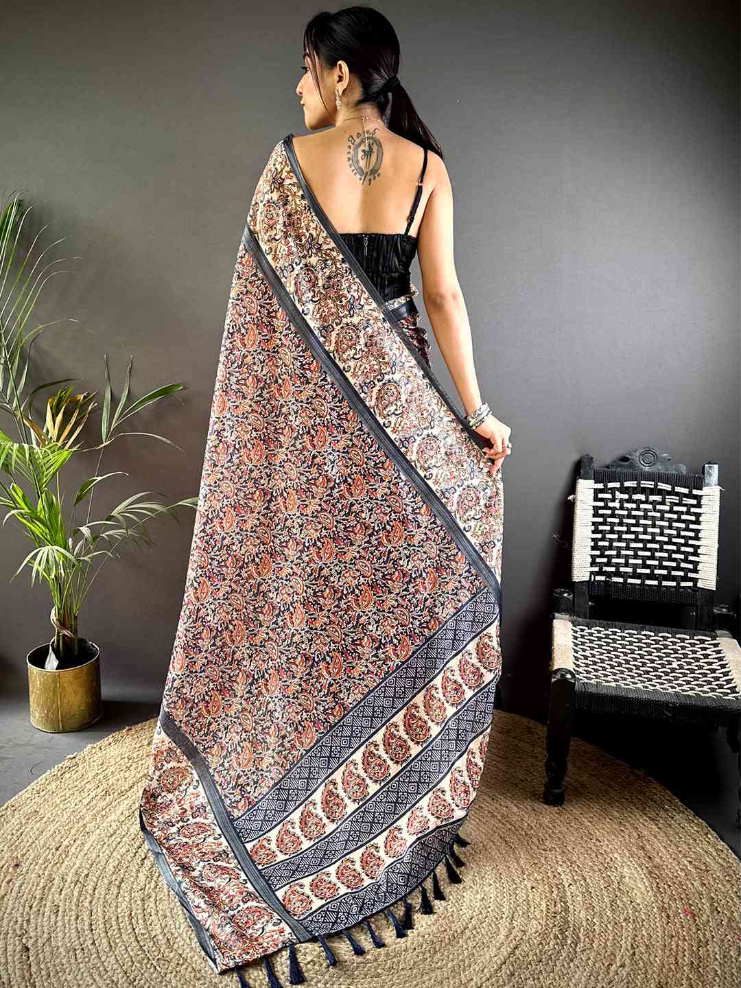 Navy Chanderi Phulkari Floral Digital Print Saree by My Store