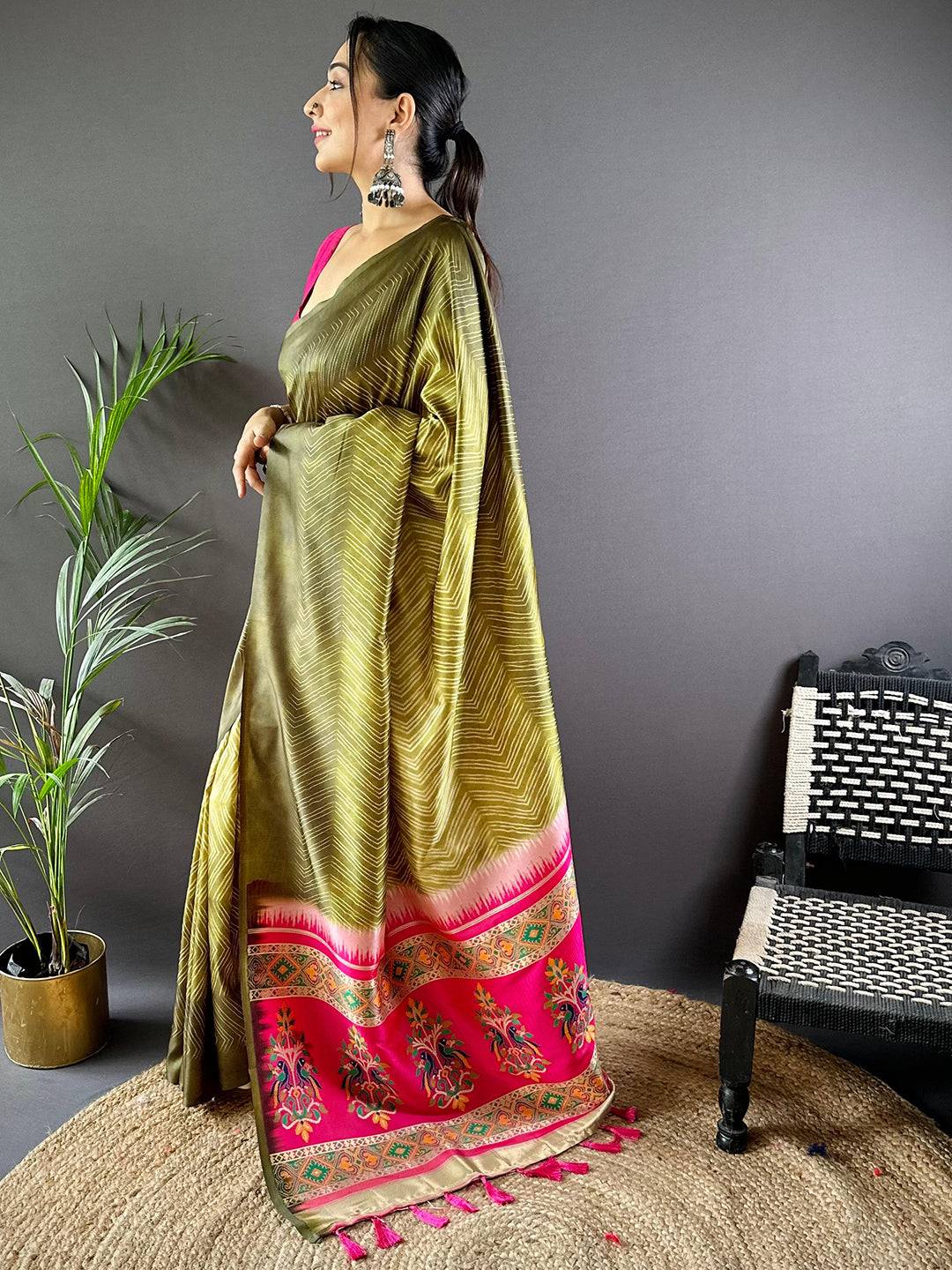 Olive Leheriya Gamthi Silk Sarees by My Store