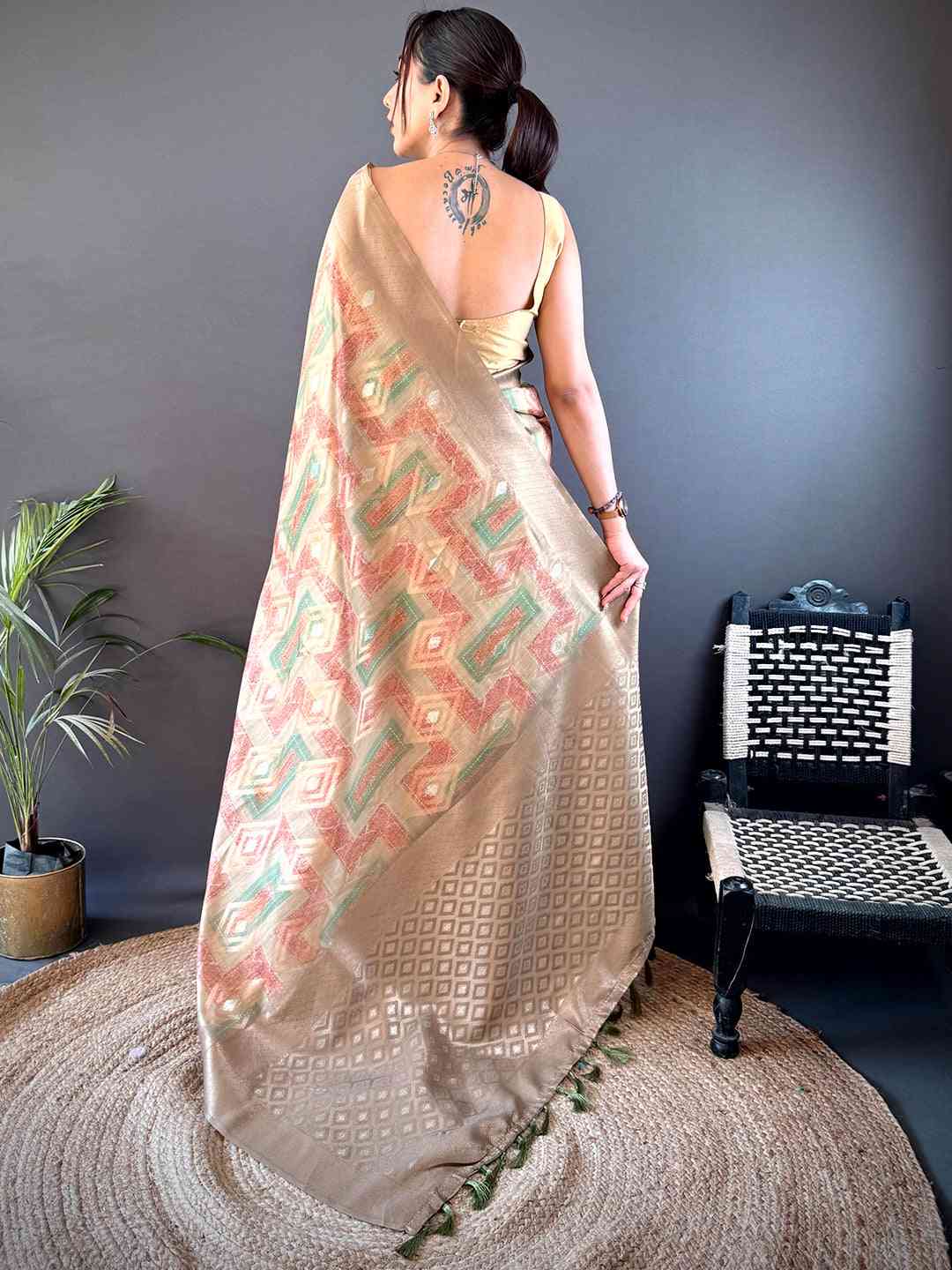 Beige Banarasi Silk Katan Geometric Saree