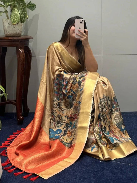 Incredible Pen Kalamkari Linen Tissue Soft Saree by My Store