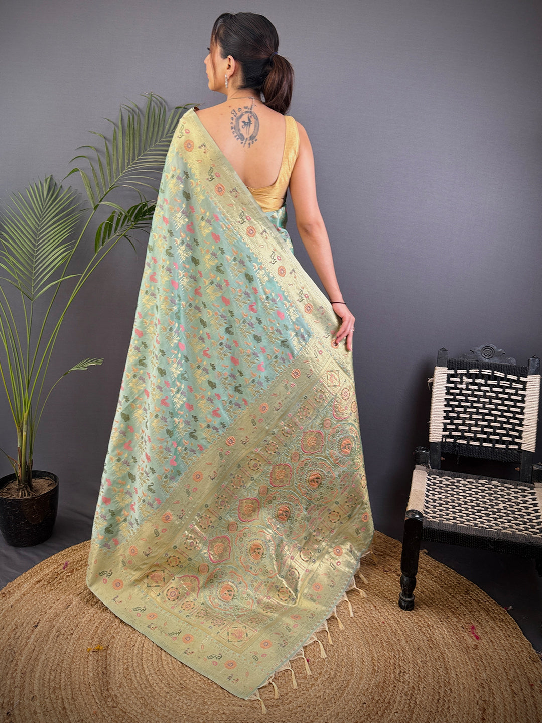 Jangal Minaather Zari Weaving Banarasi Silk Saree by My Store