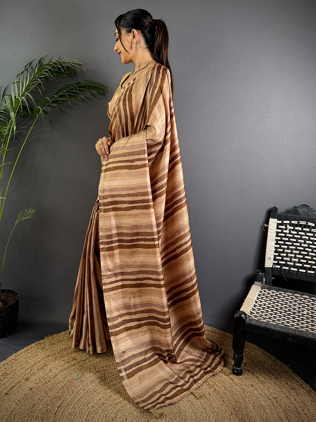 Brown Tussar Ghicha Stripe Saree by My Store