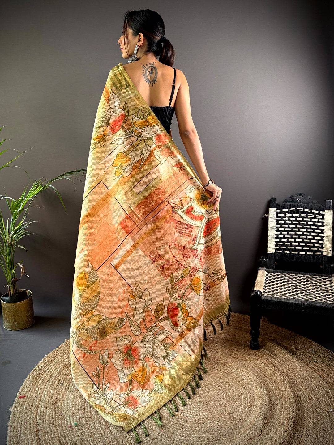Olive Tussar Silk Lush Botanical Prints Saree by My Store