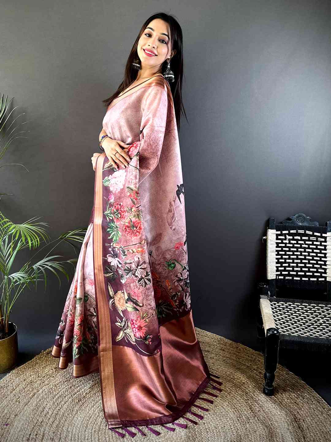 Rose Pink Floral Grace Soft Silk Tissue Saree by My Store